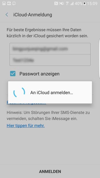 iCloud in Samsung Smart Switch Mobile anmelden
