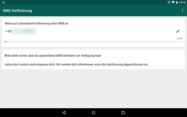 WhatsApp für Tablet SMS Verifizierung