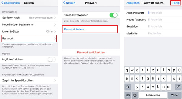 iPhone Notizen Passwort ändern