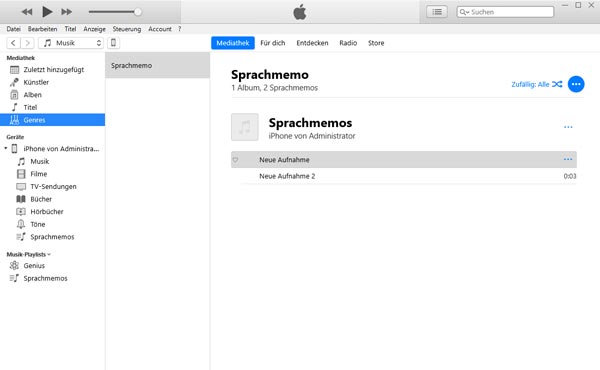 Sprachmemos in iTunes finden