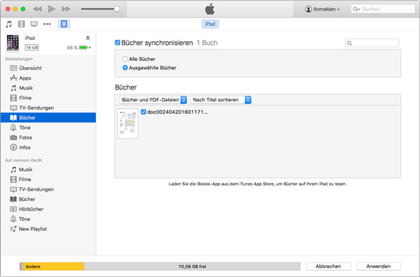 PDF/ePub über iTunes vom Mac auf iPad übertragen