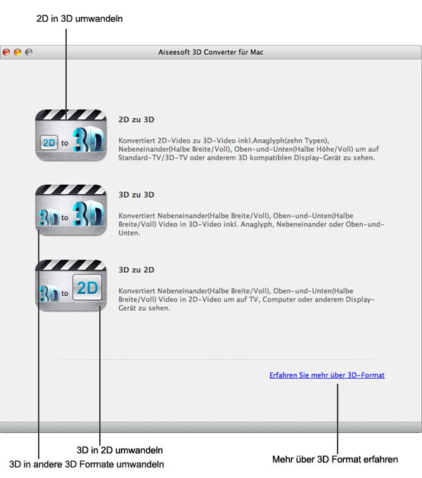 Funktionen von 3D Converter Mac