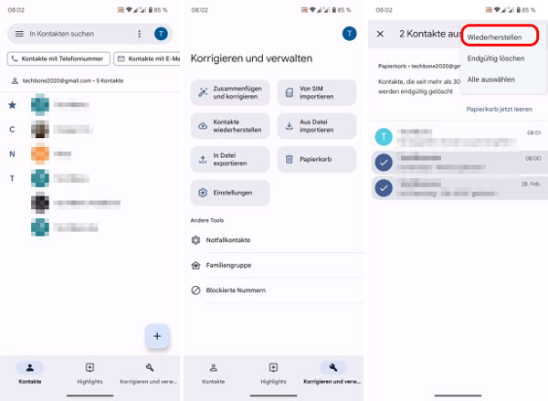 Android-Kontakte aus Papierkorb wiederherstellen