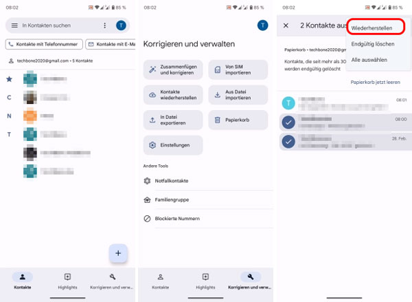 Gelöscht Android Kontakte wiederherstellen aus Papierkorb