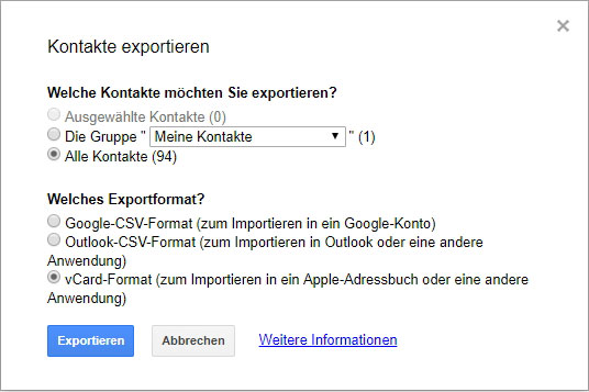 Google-Kontakte als vCard herunterladen