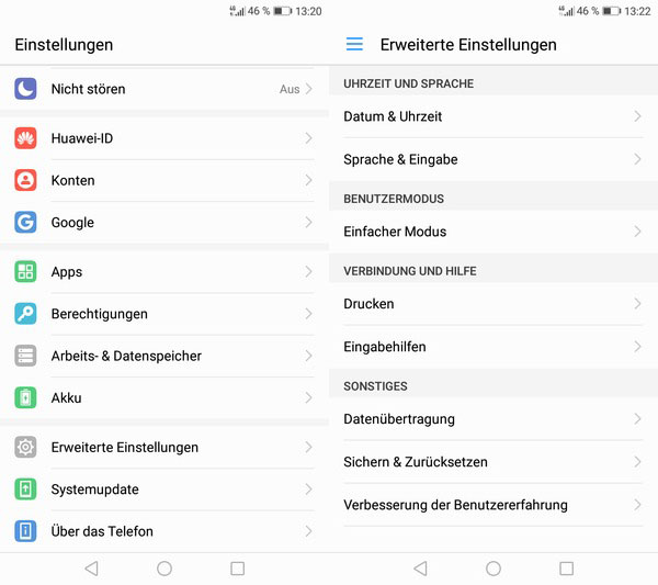 Huawei erweiterte Einstellungen