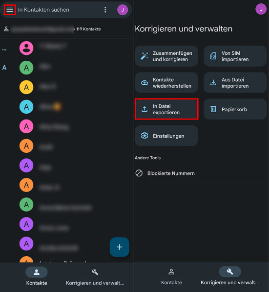 Kontakt in Datei exportieren