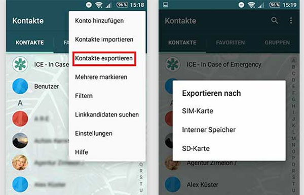 Kontakte mit Bluetooth übertragen