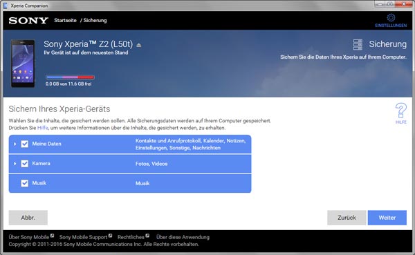 Mit Xperia Companion Sony Backup erstellen