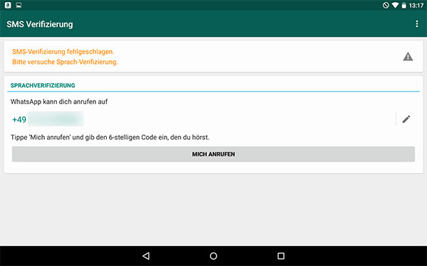 WhatsApp Tablet Verifizierung durch Anruf