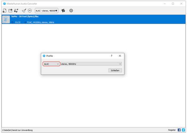 ALAC in MediaHuman auswählen