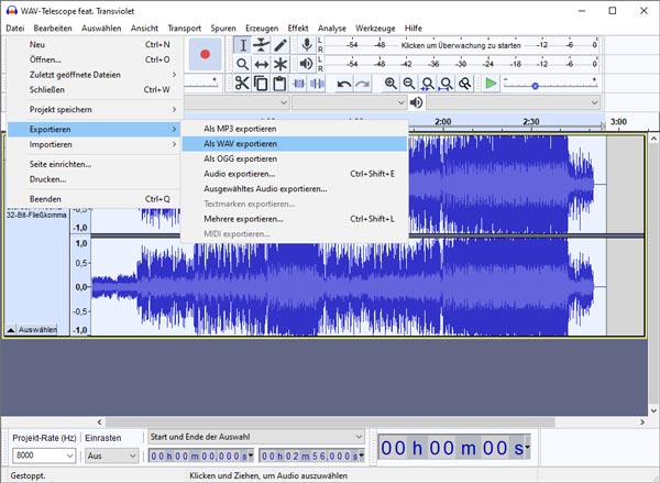 WAV aus Audacity exportieren