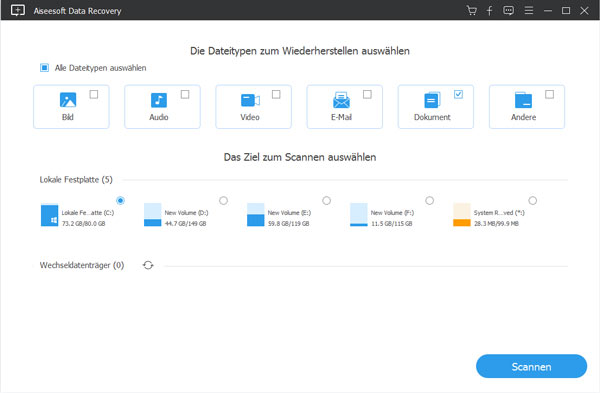 Dateitypen und Festplatte auswählen