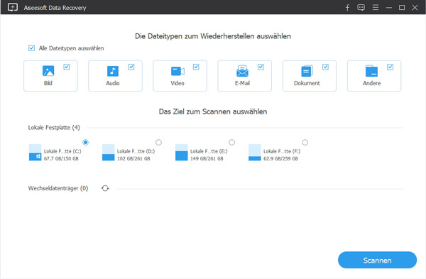 Aiseesoft Data Recovery Programmoberfläche