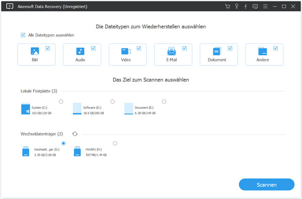 Datentypen und SD-Karte auswählen