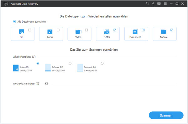 Festplatte und Datentyp auswählen