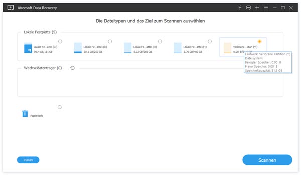 Verlorene Partition auswählen