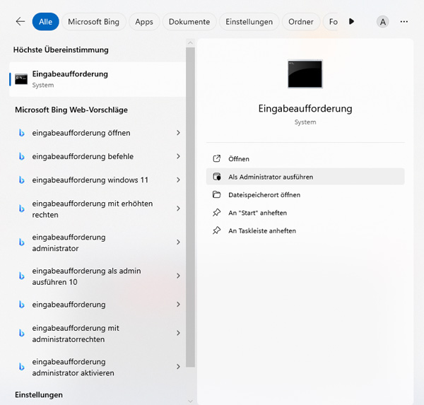 Eingabeaufforderung als Administrator ausführen
