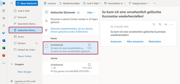 Kurznotizen aus Outlook wiederherstellen