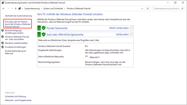 Eine App oder ein Feature durch die Windows Defender Firewall zulassen