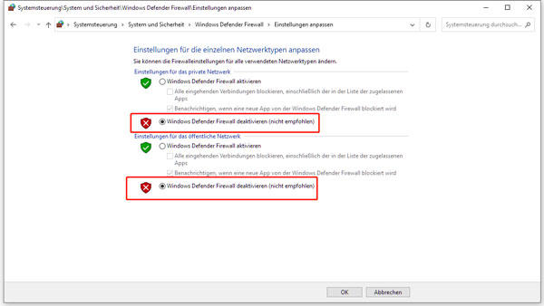 Windows Defender Firewall deaktivieren