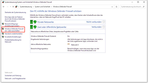 Windows Defender Firewall ein- oder ausschalten wählen