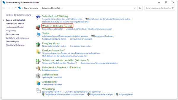 Windows Defender Firewall wählen