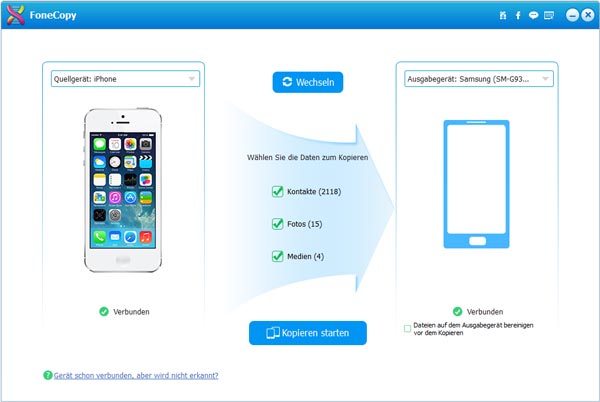 Dateitypen zum Übertragen von iPhone auf Samsung wählen