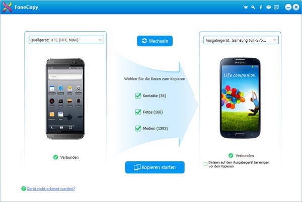 Daten von HTC zum Übertragen auf Samsung wählen
