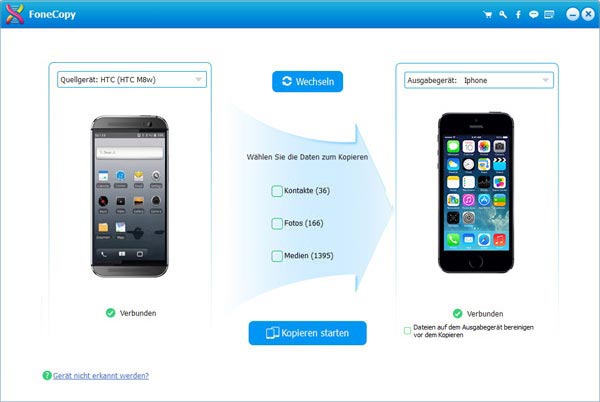 HTC und iPhone mit FoneCopy verbinden
