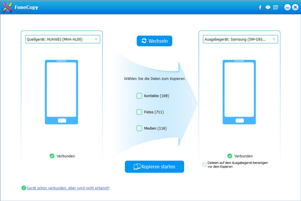 Samsung und Huawei mit FoneCopy verbinden