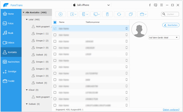 Alle iPhone Kontakte in FoneTrans anzeigen