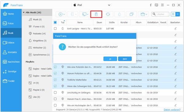 Ausgewählte iPad Musik löschen