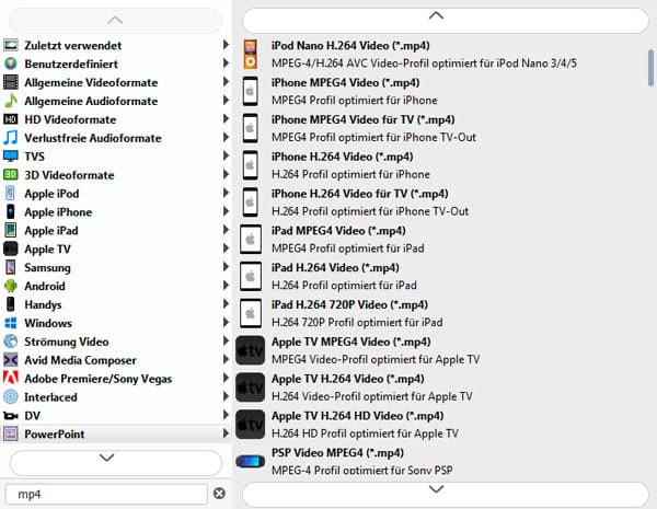 MP4 als Ausgabeformat auswählen