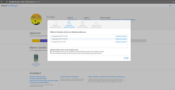 Auf icloud.com Kontakte wiederherstellen