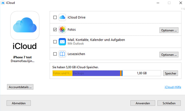 Einstellungen von iCloud