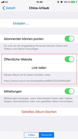 iCloud-Fotofreigabe: öffentliche Website aktivieren