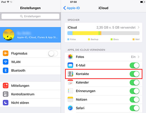 iPad Kontakte in iCloud sichern