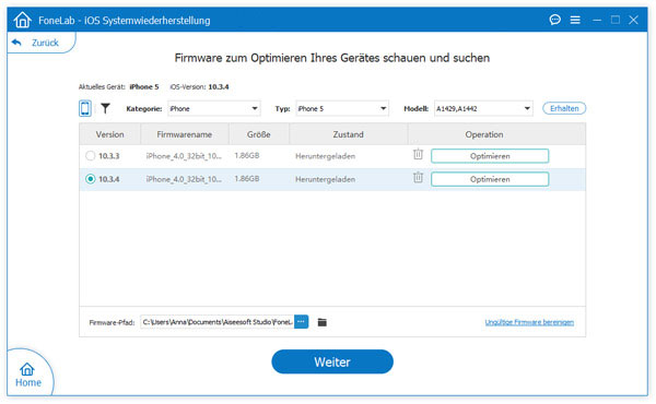 IPSW-Version auswählen