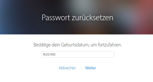 Geburtsdatum zum Zurücksetzen des iCloud Passworts bestätigen