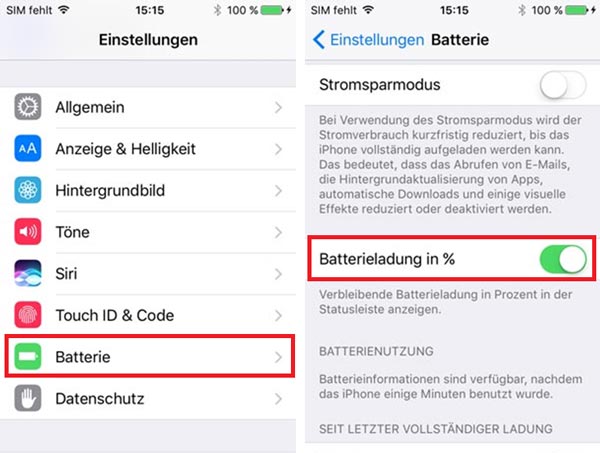 Batterieladung in Prozent aktivieren