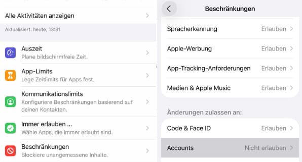 Bildschirmzeit Beschränkungen ändern