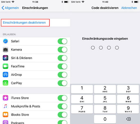 Einschränkungen auf iPhone deaktivieren