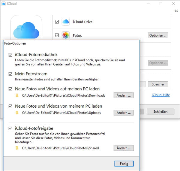 Sich beim iCloud für Windows anmelden