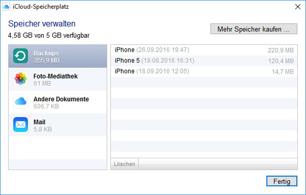 iCloud Speicher auf PC verwalten