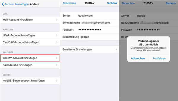 Informationen in CalDAV Account eingeben