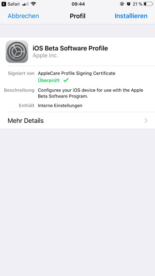 iOS Beta Profil installieren
