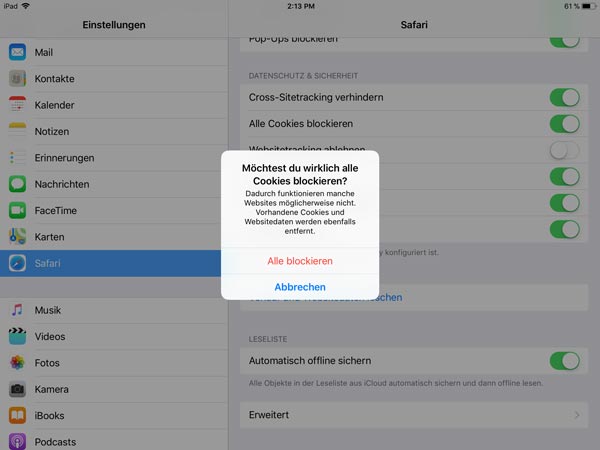 iPad alle Cookies blockieren