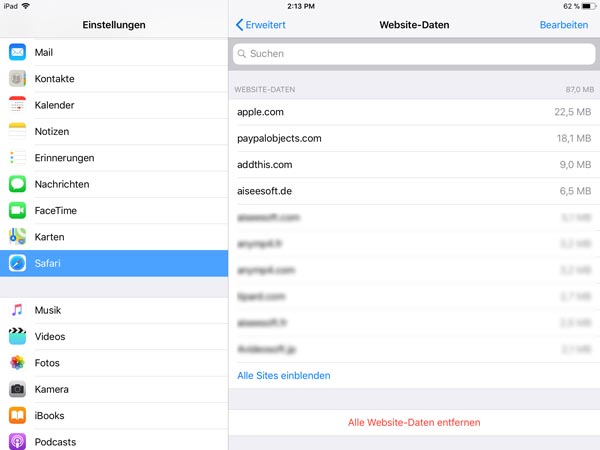 iPad alle Website-Daten löschen