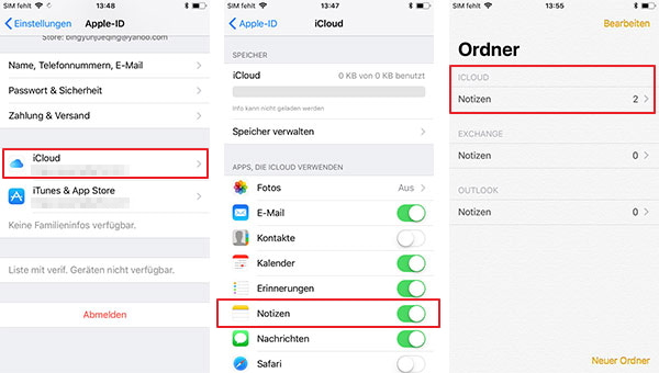 iPhone Notizen auf iCloud sichern